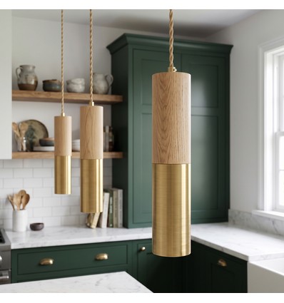 MALM E14 cylinder pendel guld/træ - 2m ledning, med roset, uden lyskilde.