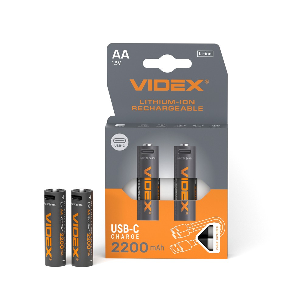 2 stk. genopladelige AA Li-ion batterier, 1,5V - 2200mAh, USB-C port, termisk beskyttelse