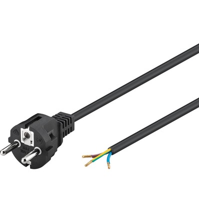 2 meter strømkabel - 250V, IP20 indendørs, Sort, Schuko stik og kabelendestykker til samling, 16A