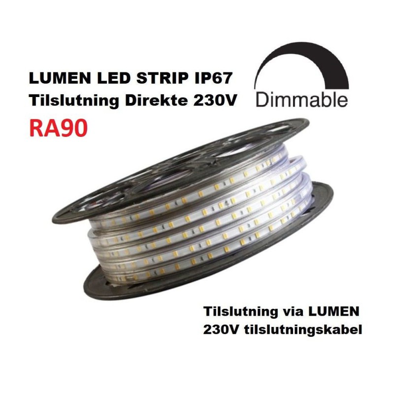 LUMEN LED Strip IP67, 230V i 3000K, 850Lm/m, Ra90, Dæmpbar - 50 Meter Rulle