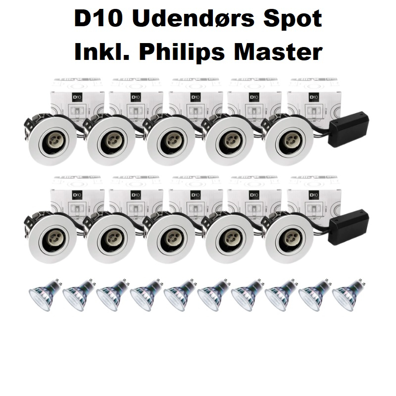 10 x Hilux D10 Udendørs Spot i Hvid - inkl. 10 x Philips Master 2700K