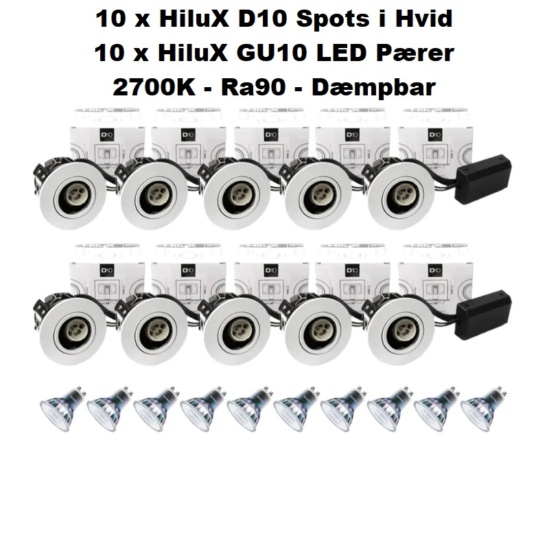 10 x Hilux D10 Spot i Hvid - inkl. 10 x HiluX V1 2700K Ra90