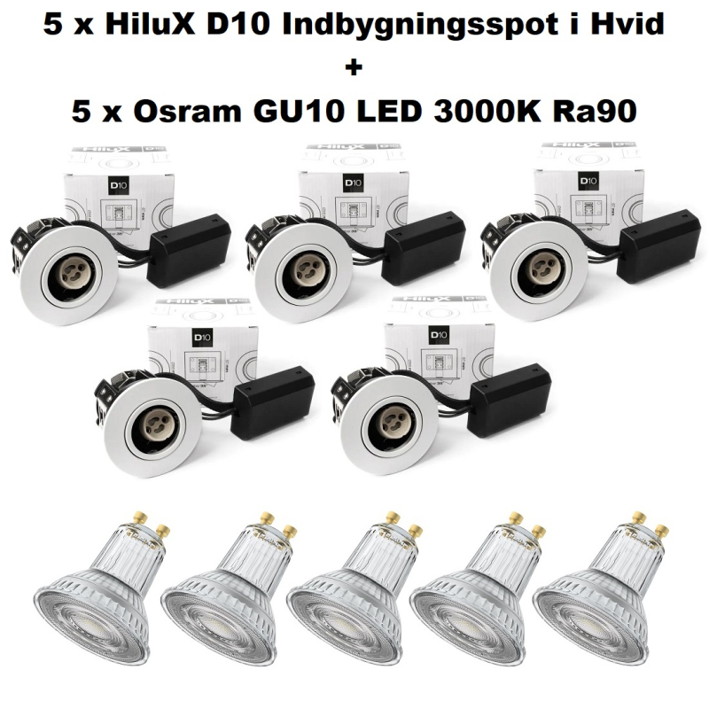 5 x Hilux D10 Spot i Hvid - inkl. 5 x Osram GU10 LED i 3000K Ra90