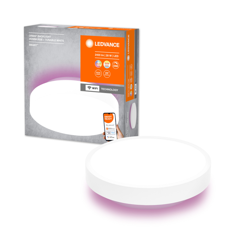 Se LEDVANCE SMART+ WiFi Orbis R Backlite LED Plafond Ø350, 28W i RGB+CCT - Hvid hos detLED