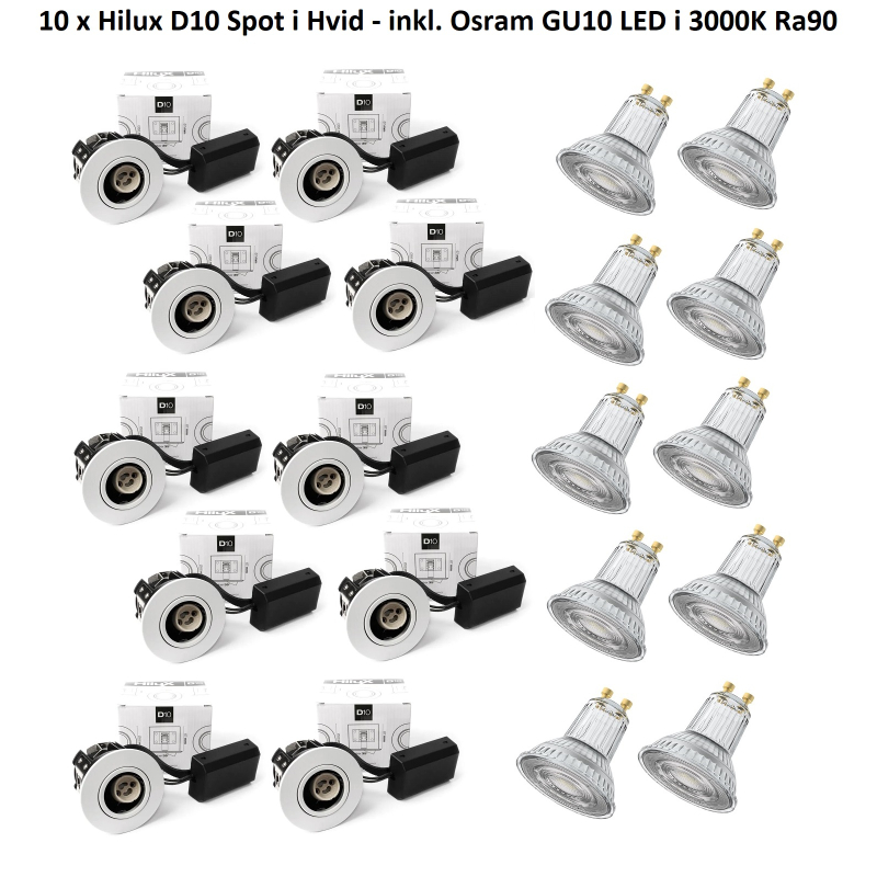 10 x Hilux D10 Spot i Hvid - inkl. Osram GU10 LED i 3000K Ra90