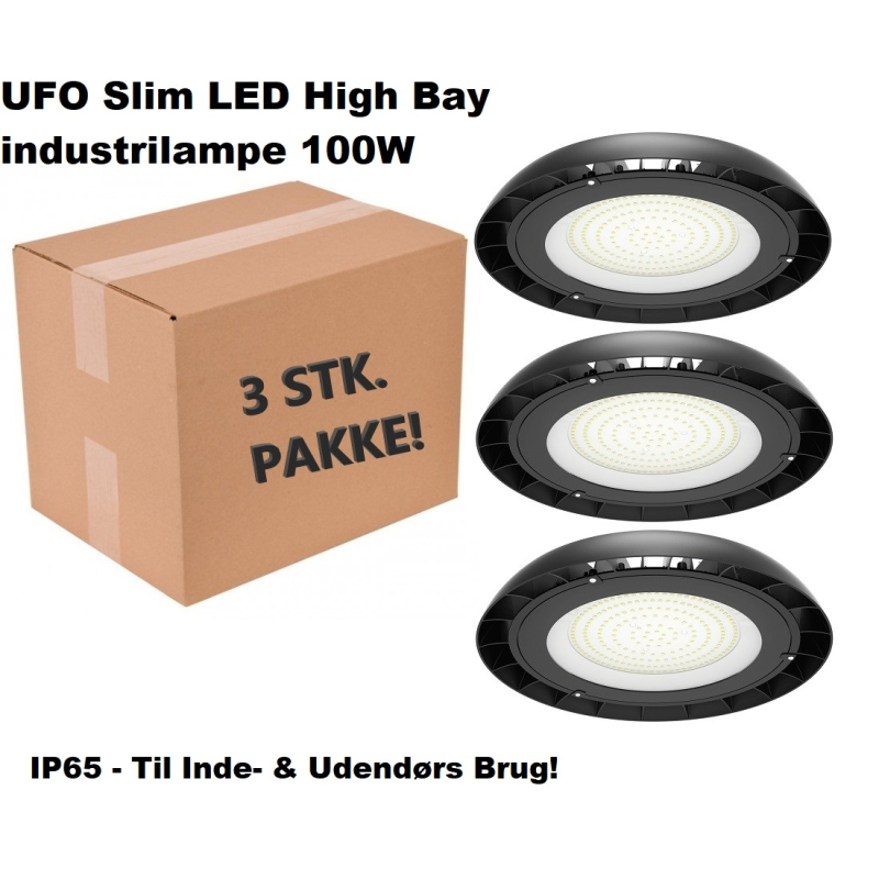 3-PAK - UFO Slim LED High Bay industrilampe 100W i 4000K, IP65 - 110°