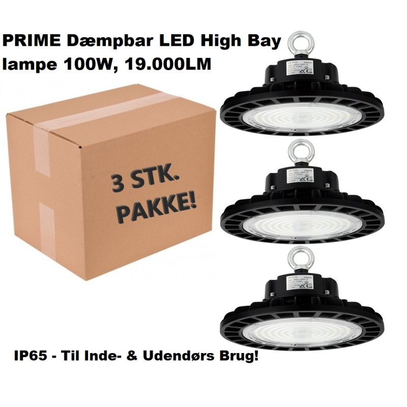 3 x PRIME LED High Bay industrilampe 100W, 19.000LM, 4000K, IP65, Dæmpbar - 120°