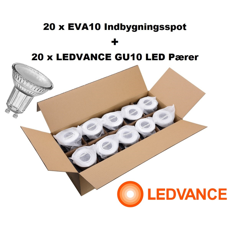 20 x EVA10 Indbygningsspot + LEDVANCE GU10 LED 2700K - Hvid