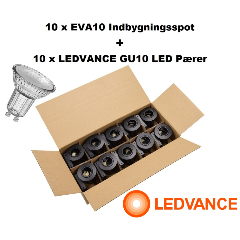 Se 20 x EVA10 Indbygningsspot + 20 x LEDVANCE LED 3000K - Sort hos detLED