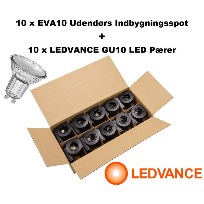 Se 10 x EVA10 Udendørs Indbygningsspot + LEDVANCE LED 3000K - Sort hos detLED