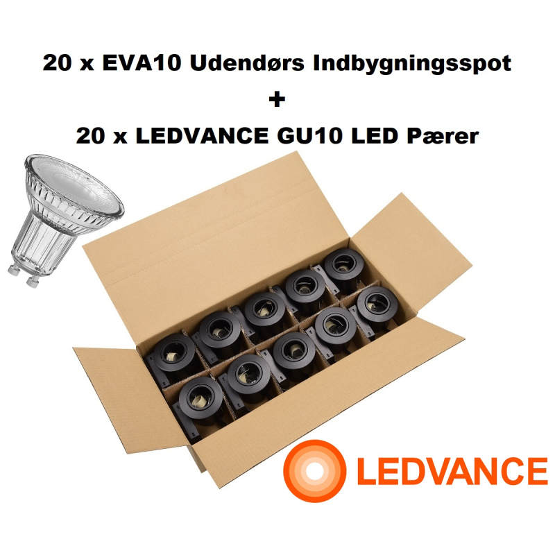 Se 20 x EVA10 Udendørs Indbygningsspot + LEDVANCE LED 3000K - Sort hos detLED