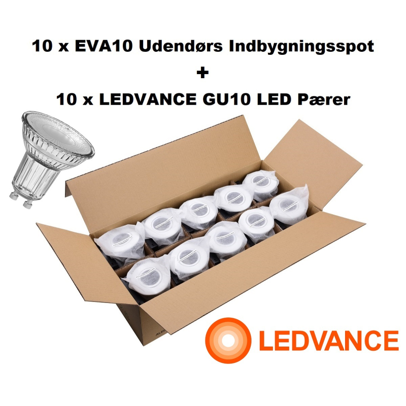 Se 10 x EVA10 Udendørs Indbygningsspot + LEDVANCE LED 2700K - Hvid hos detLED