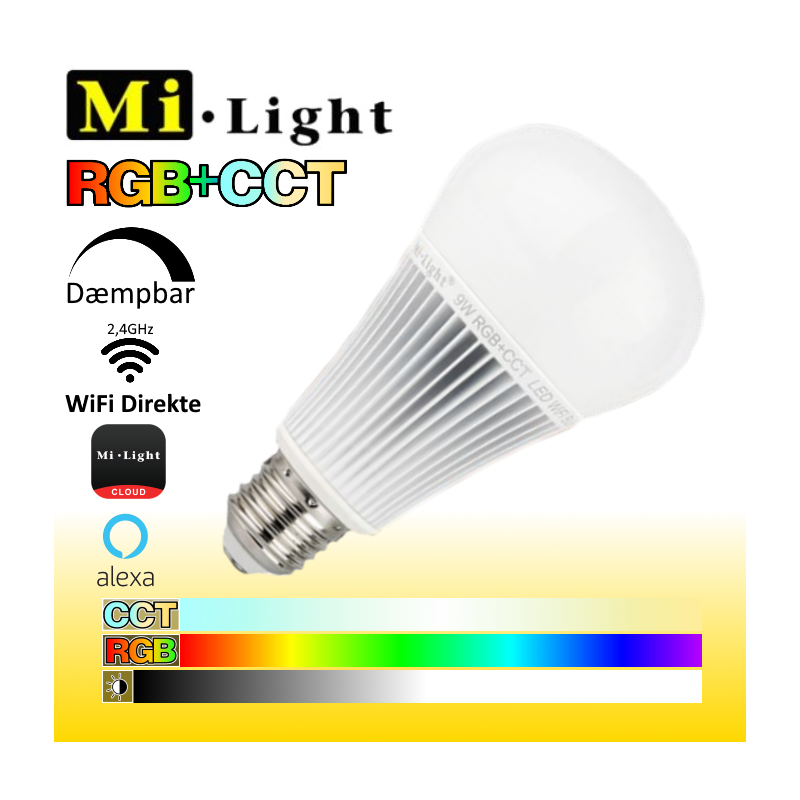 Mi•Light E27 RGB+CCT WiFi LED pære 9W 850LM