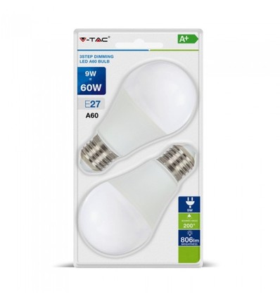 V-Tac 9W LED pære - 3-trin dæmpbar, A60, on/off dæmpbar, E27