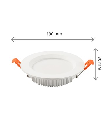 Målskitse af et rundt LED panel der viser monteringshuller og ydre dimensioner.