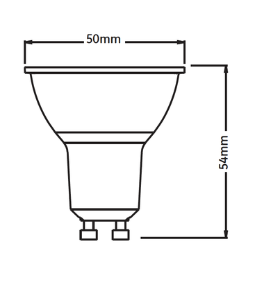 Målskitse af en standard GU10 LED pære der viser de fysiske dimensioner