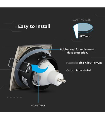 Installationsdiagram for et kvadratisk GU10 indbygningsspot i satin nikkel.