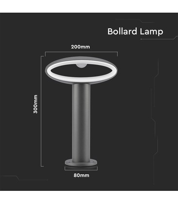 Mål og dimensioner på en 30 cm LED pullert til udendørs belysning.