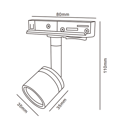 Målskitse af en hvid 1-faset GU10 skinnespot der viser diameter og længde.
